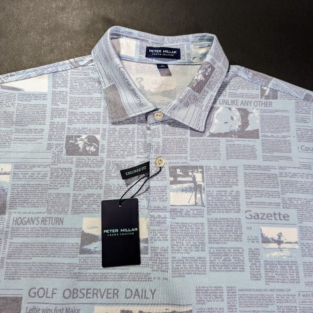 $115 Peter Millar Ace Newspaper Print Slim Fit Golf Polo Shirt Size M 2XL